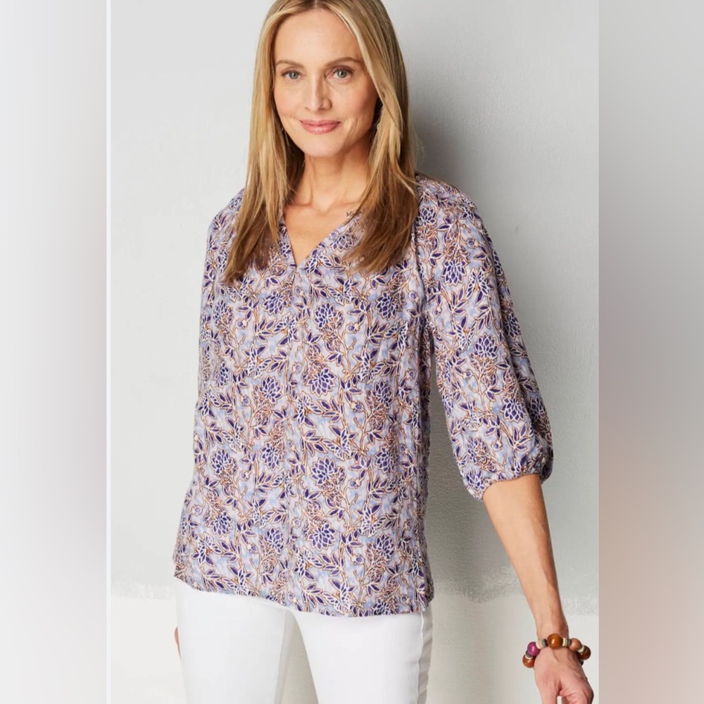 J Jill Linen peasant top royal purple lotus vines design size small 100% linen